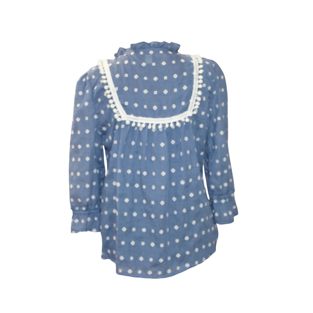 Blue Rain Boho Blouse Medium Blue Embroidered Pom Pom Tassel Anthro style - Picture 3 of 5